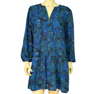 Time & Tru Sz M Dropped Waist Dress V-Neck Puff Sleeves Boho Blue Paisley Print